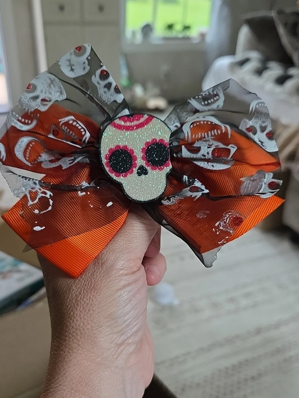 Handmade Halloween Skull Hair Bow - Orange & White